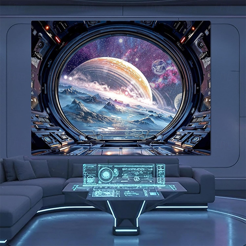 Spaceship Porthole View Outer Space Galaxy Universe Ringed Planet Nebula Stars Icy Moon Landscape Sci-Fi Window Wall Tapestry Hanging for Gaming Room Decor Bedroom Office Backdrop 2026 - E£1124.93 –P2