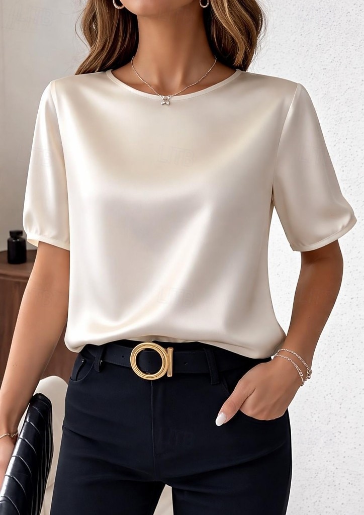 Per donna Top in raso Maglietta Tinta unica Elegante Casual Manica Corta Girocollo Top Regolari Quotidiano Uscire Nero Rosa Rosso Verde Albicocca Estate Primavera del 2026 a $21.99 –P1