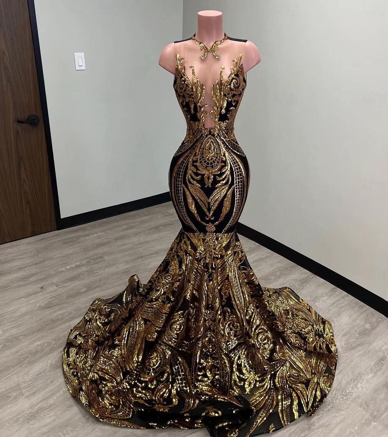 Corte Trompeta Sirena Cola barrida Trajes de gala Vestidos de noche Corte Cenicienta Vestimenta formal Elegante Sin Mangas Escote de ilusión Carnaval Formal afroamericano Lentejuelas con Lentejuela 2026 - $287.49 –P10