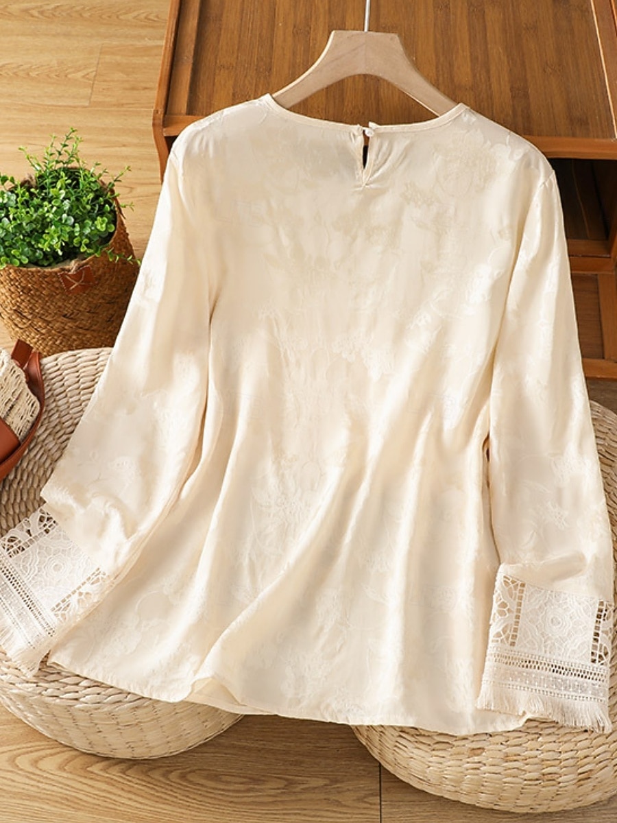 Women's Shirt Blouse Eyelet top Hollow Out Plain Stylish Classic Modern Long Sleeve Crew Neck Regular Tops Daily Holiday Going out Apricot Summer Spring 2026 - $48.99 –P2