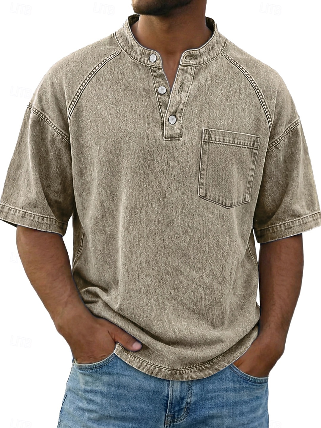 Bărbați Tricou Cămașă Demin Cămașă de spălat cu acid 100% bumbac Manșon scurt Guler de stand Henley Toamna iarna Primăvară Toamnă Simplu Epocă Șic Stradă Casual Buzunar Vopsit în haine Spălat Casual 2026 - $31.99 –P7