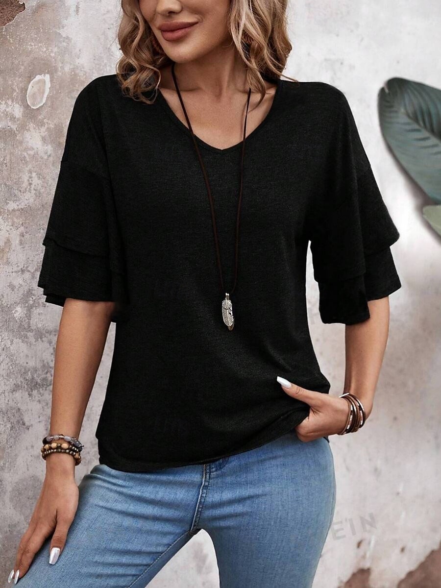 Dame T skjorte T-skjorte Drapering عادي Mote Stilfull Klassisk Halvlange ermer V-hals Vanlige topper Daglig Ut på byen Helg Svart Hvit Rosa Navyblå Kamel Sommer Vår 2026 - $24.99 –P14