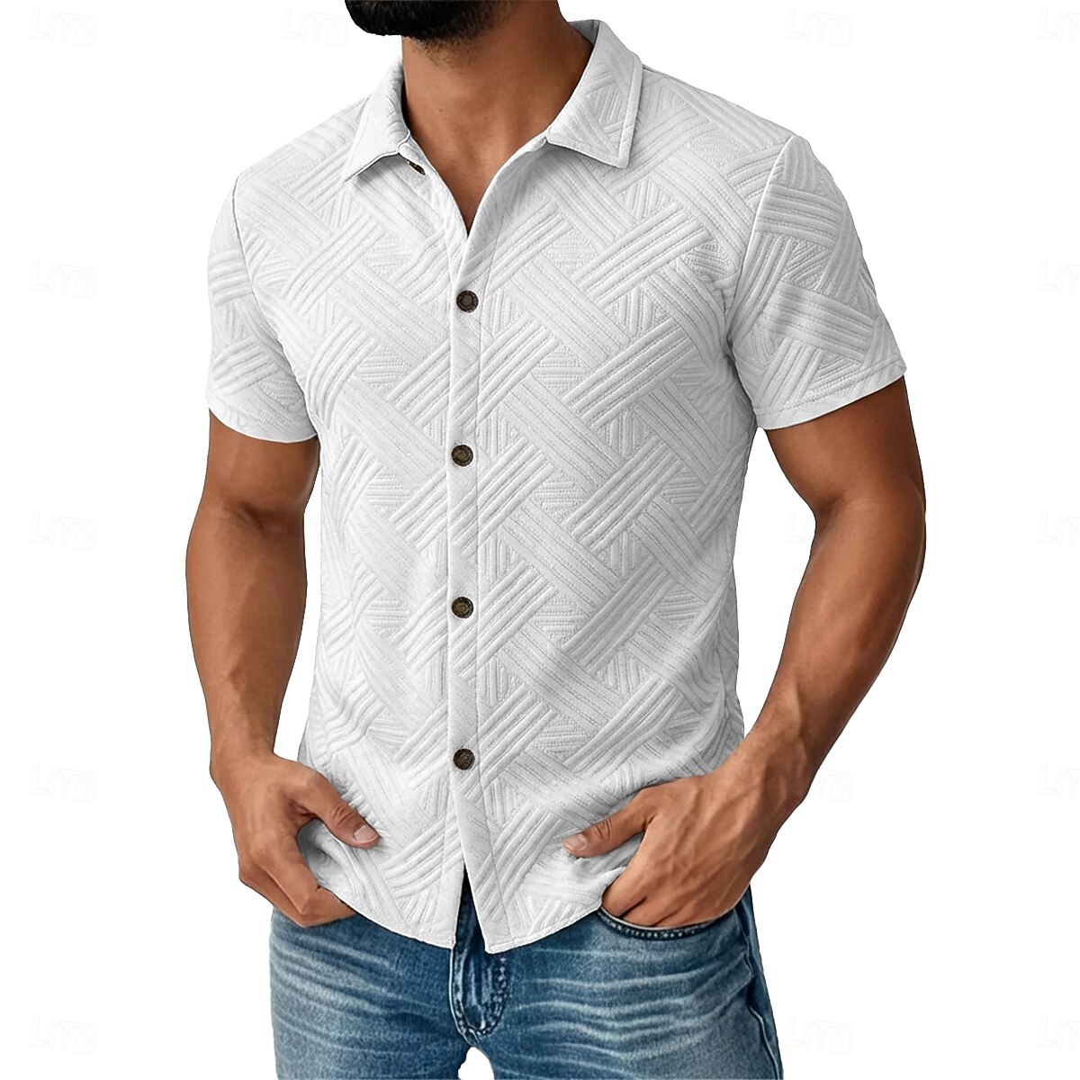 Męskie Koszula Codzienna koszula Zapinana na guziki koszula Koszula żakardowa Czarny Biały Morelowy Szary Jasnoniebieski Krótki rękaw Geometryczny Równina Klapa Codzienny Streetwear Żakard Odzież 2026 - $25.99 –P4