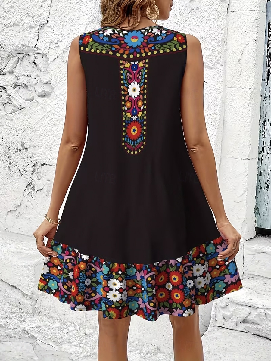 Mujer Mini vestido Vestido de verano Vestido de una línea Casual Diario Festivos Holgado Floral Graphic Tribal Sin Mangas Escote en Pico Negro Beige Verano Primavera 2026 - $34.99 –P2