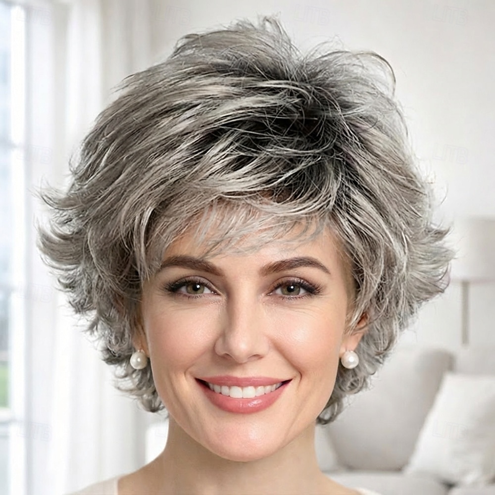 szykowna krótka peruka dla kobiet - elegancki bob ze srebrnymi warstwami 2026 - $32.99 –P1