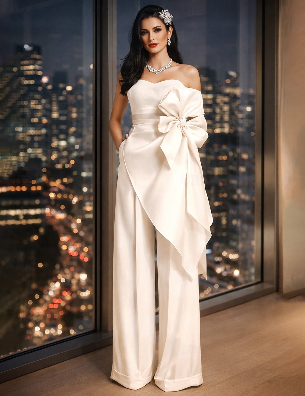 Bryllupsdusj Bryllup Kjoler Jumpsuits Kjærlighets Uten Ermer Gulv Lengde Satin Bryllupskjoler Med Sløyfe(r) Volanger 2026 - $183.99 –P4