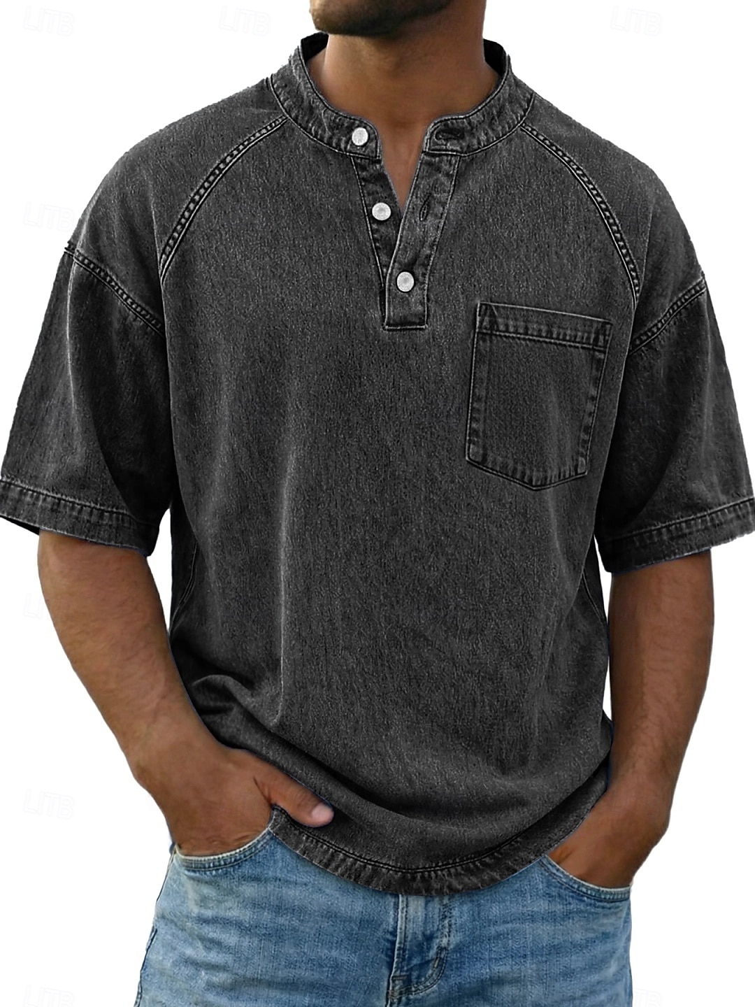 Bărbați Tricou Cămașă Demin Cămașă de spălat cu acid 100% bumbac Manșon scurt Guler de stand Henley Toamna iarna Primăvară Toamnă Simplu Epocă Șic Stradă Casual Buzunar Vopsit în haine Spălat Casual 2026 - $31.99 –P8