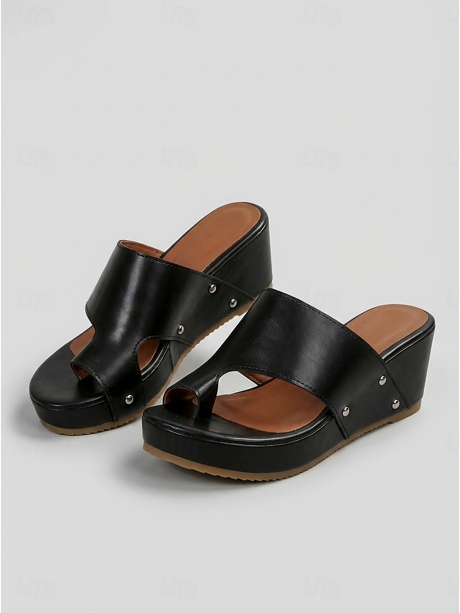 Women's Bold Black Platform Wedge Sandals - Comfortable Leather Slide Sandals with Silver Studded Detail for Luxury Hotel Poolside, Beach Resorts & Summer Vacations 2026 - $29.99 –P3