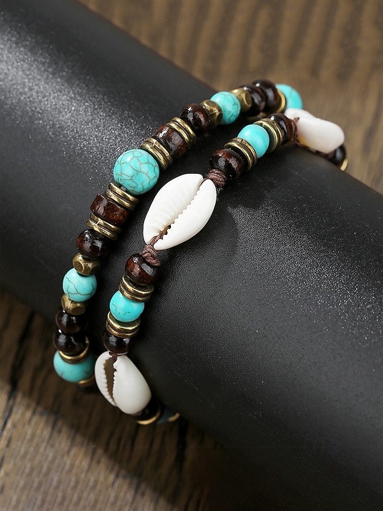 Set di due bracciali da uomo in stile boho, con perline di legno, turchese e conchiglia, perfetti per le vacanze al mare e per uno stile casual quotidiano. del 2026 a $7.99 –P5