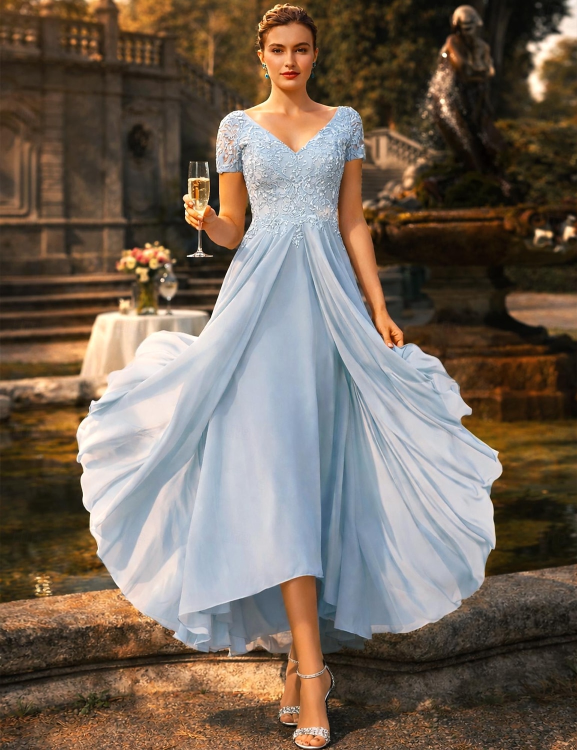 Linia -A Lungimea ceaiului Rochie de petrecere Rochie de Cocktail Rochie pentru invitata de nunta Rochie Mama Miresei Manșon scurt În V Elegant Plus Size Înalt Mic Invitat la nunta Petrecere Nuntă 2026 - $172.99 –P3