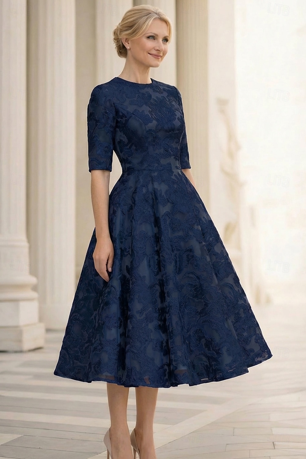 Corte A Vestido Midi Vestidos de coctel Elegante Vintage Lentejuelas Media Manga Cuello Barco Fiesta de jardin Boda Bolsillo Satén Jacquard con Estampado flor Bolsillo 2026 - $159.99 –P3