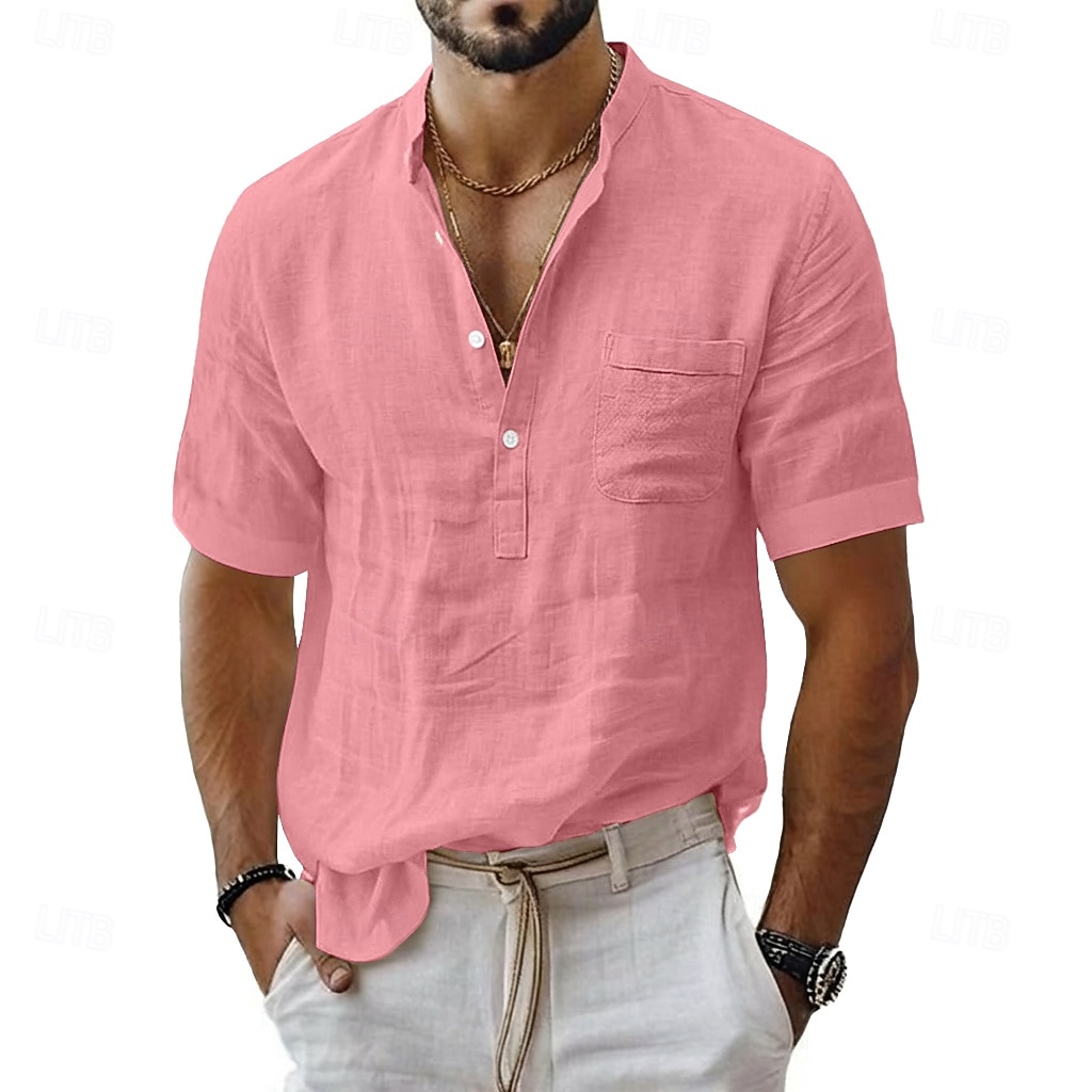Herr Linneskjorta Popover skjorta Sommarskjorta Standkläder Bandkrageskjorta Slät Ledigt Dagligen Blå Svart Vit Rodnande Rosa Kortärmad Krage Sommar Kläder Ficka 2026 - $21.99 –P8