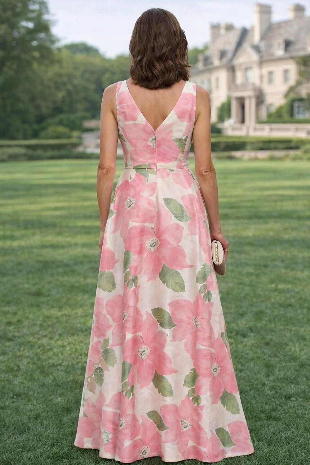Linea ad A Lunghezza al pavimento Abito da Sera Elegante Floreale Senza Maniche Scollo a V Festa in giardino Formale Raso con Stampa floreale Pieghe Arricciato del 2026 a $182.99 –P2