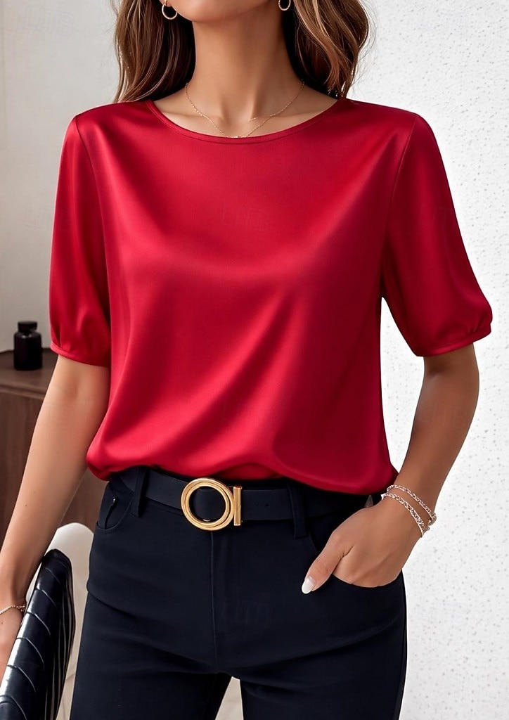 Per donna Top in raso Maglietta Tinta unica Elegante Casual Manica Corta Girocollo Top Regolari Quotidiano Uscire Nero Rosa Rosso Verde Albicocca Estate Primavera del 2026 a $21.99 –P11
