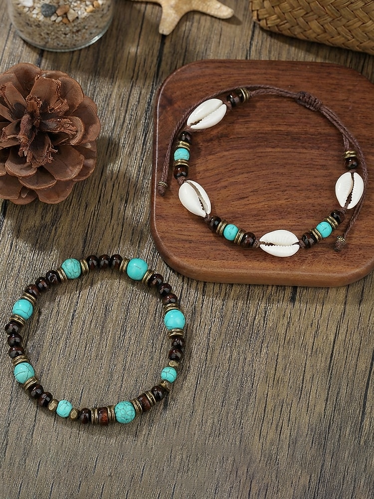 Set di due bracciali da uomo in stile boho, con perline di legno, turchese e conchiglia, perfetti per le vacanze al mare e per uno stile casual quotidiano. del 2026 a $7.99 –P6