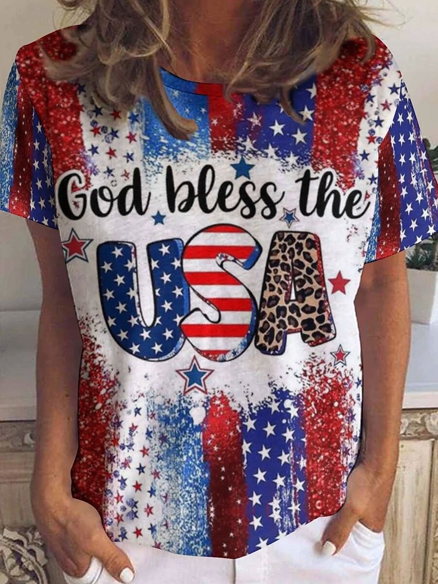 American Independence Day Women's T Shirt Print Graphic Letter American Flag Stylish Classic Casual Short Sleeve Crew Neck Regular Tops Daily Blue Summer Spring 2026 - $22.99 –P3