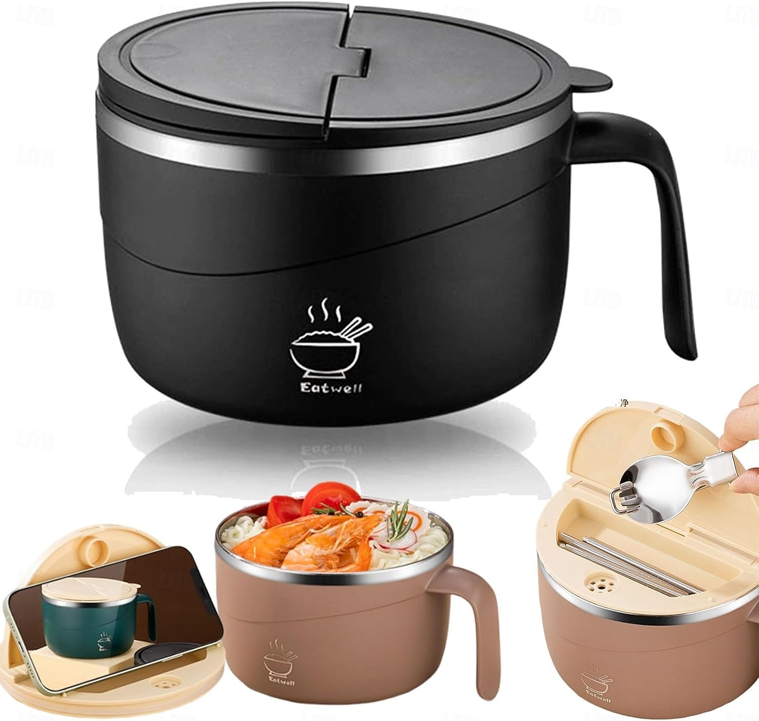 304 rustfritt stål nudelskål med lokk og håndtak, 1200 ml ramenskål med stor kapasitet, dobbeltvegget skåldingssikker suppeskål, bærbar matbeholder for studenthjem, kontor, hjemmebruk 2026 - $16.99 –P3