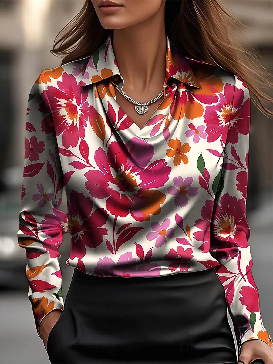 Damen Hemd Elegant Satin-Top Seiden-Oberteile Druck Drapiert Blumen Grafik Elegant Stilvoll Lässig Langarm Wasserfallausschnitt Normale Oberteile Täglich Arbeit Ferien Rosa Rote Purpur Regenbogen 2026 - $31.99 –P2