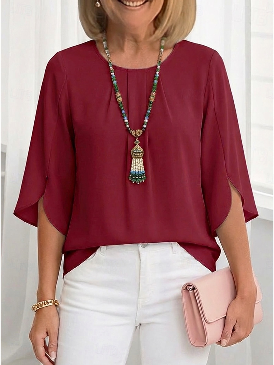 Dames Blouse Chiffon-topjes Met ruches Effen Actief Stijlvol Halve mouw Strakke ronde hals Normale tops Dagelijks Feestdagen Uitgaan Zwart Wit Lichtgroen Wijn Marineblauw Zomer Lente 2026 - $21.99 –P5