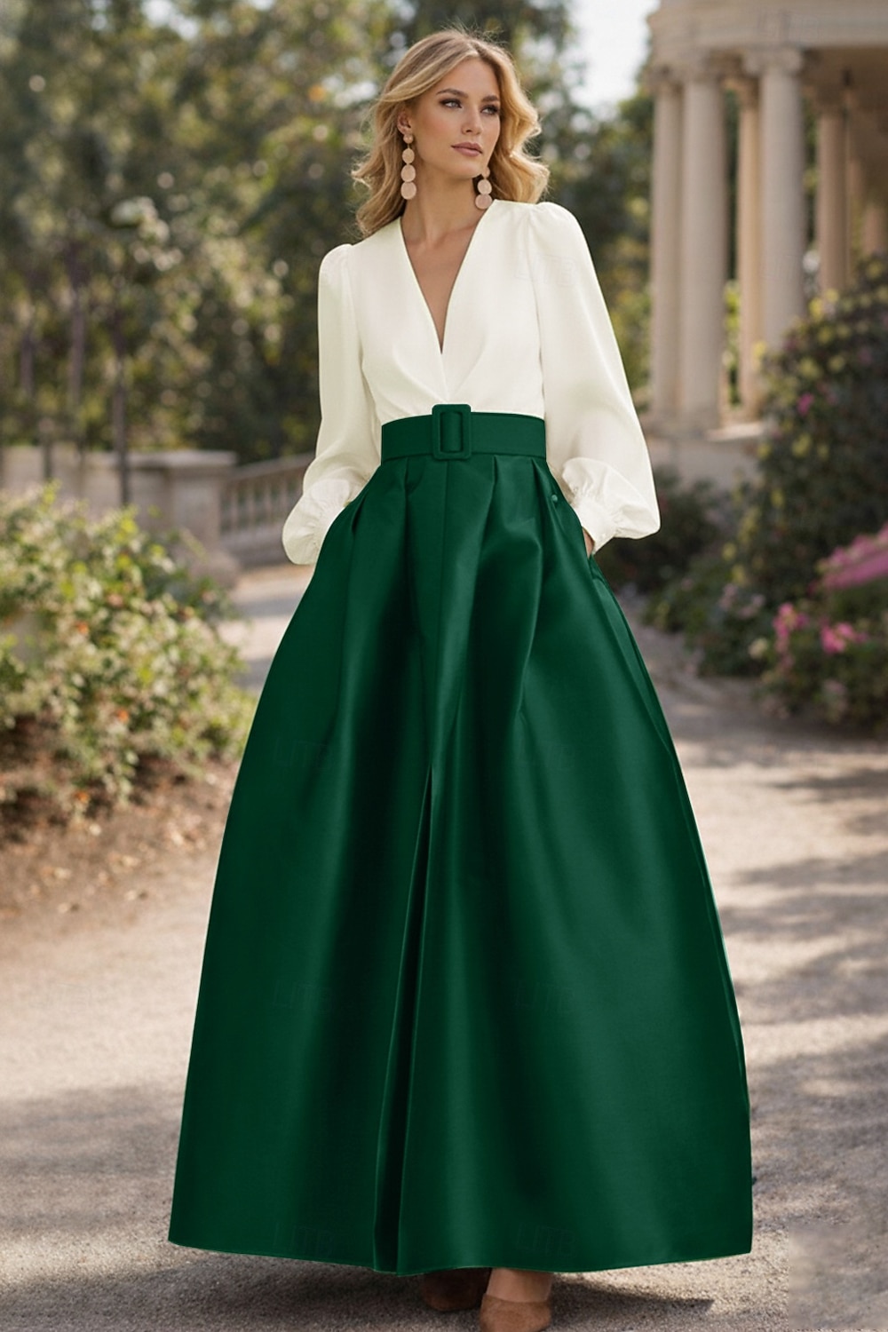 A-Line Floor Length Evening Gown High Split Mother Of The Bride Long Sleeve V Neck Formal Wedding Guest Belt / Sash Satin with Pleats Slit 2026 - $172.99 –P15