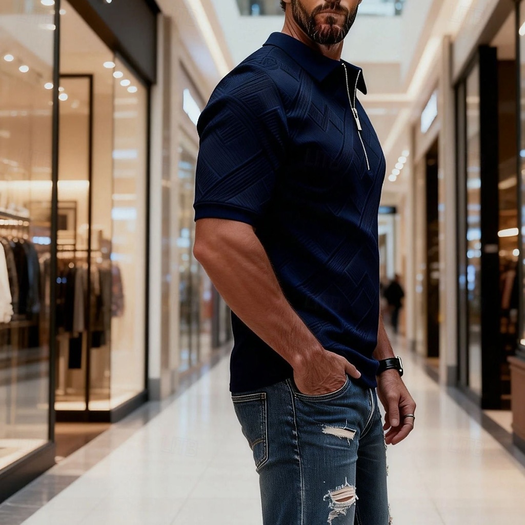 Per uomo Polo con zip Testurizzato Casuale Quotidiano Zip a un quarto Manica Corta Moda Tempo libero Semplice Cerniera Zip a un quarto Estate Primavera Blu Verde translucido blu navy Aalbicocca Blu del 2026 a $22.99 –P15