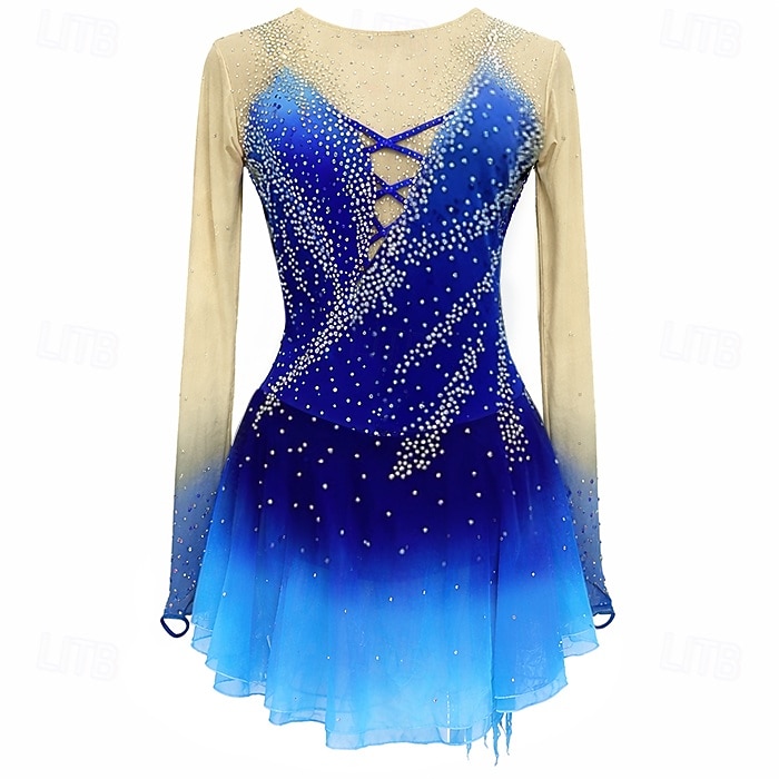 Kunstschaatsjurk Dames Voor meisjes Schaatsen Jurken Outfits Blauw + Blauw Licht Lapwerk Asymetrische zoom Spandex Netstof Hoge Elasticiteit Wedstrijd Kunstschaatskleding Kristal / Bergkristal Lange 2026 - $168.99 –P1