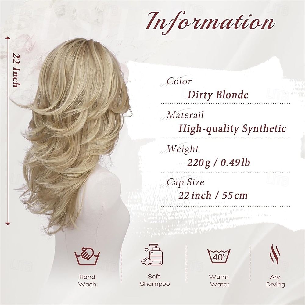 2026年 女性用、ダーティブロンドのウェーブのかかったレイヤードウィッグ、カーテンバング付き、長さ22インチの合成繊維製、自然な見た目のセンターパートウィッグ、コスチュームパーティーや普段使いに最適  コレクション – $30.99 –P2