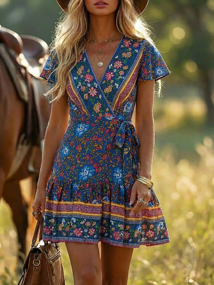 short sleeve boho dress Women's Bohemian V Neck Printed Tribal Dresses wear boho dress that combines fashion Women's Boho Floral Print Short