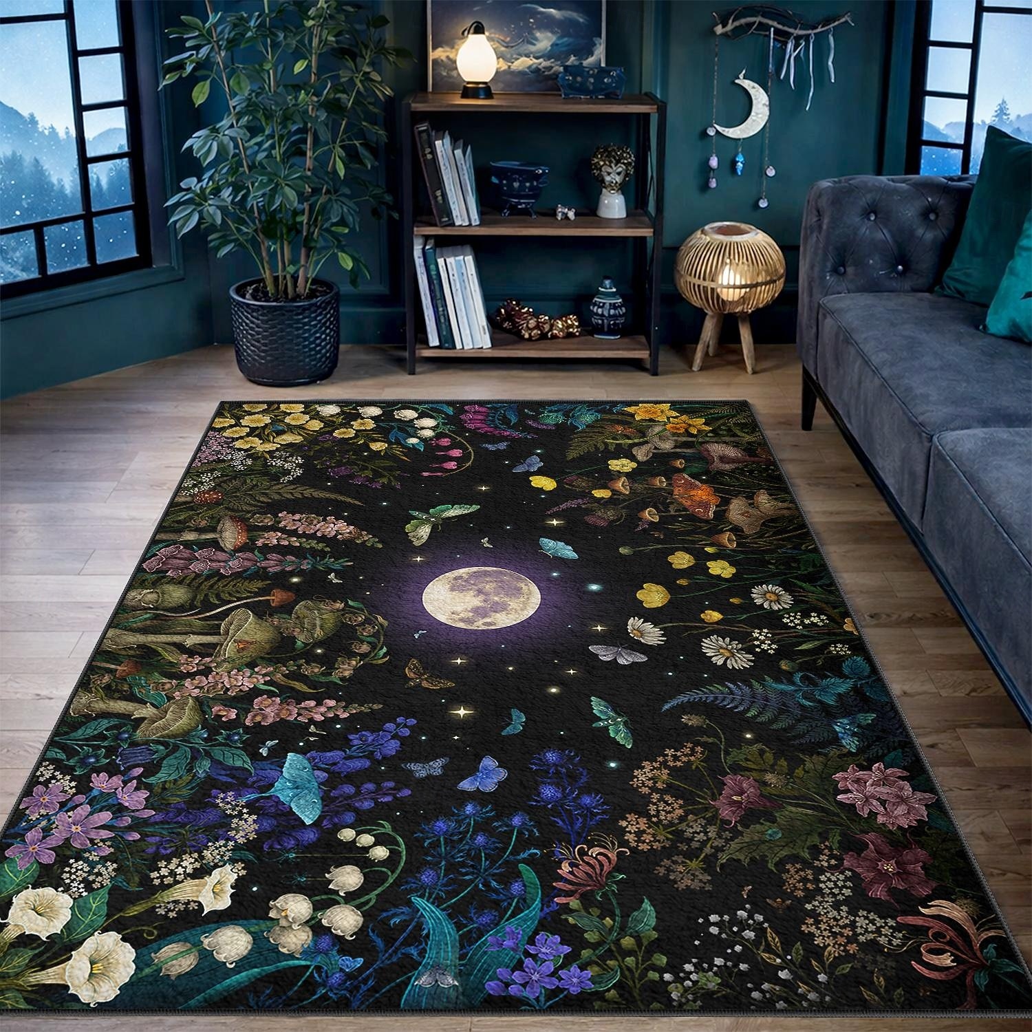 2026年 満月と花柄、キノコをモチーフにしたエリアラグ。植物と神秘的な庭園のデザインが特徴で、エレガントで耐久性のある装飾品として、episodic drawing が制作しました。  コレクション – $35.99 –P7