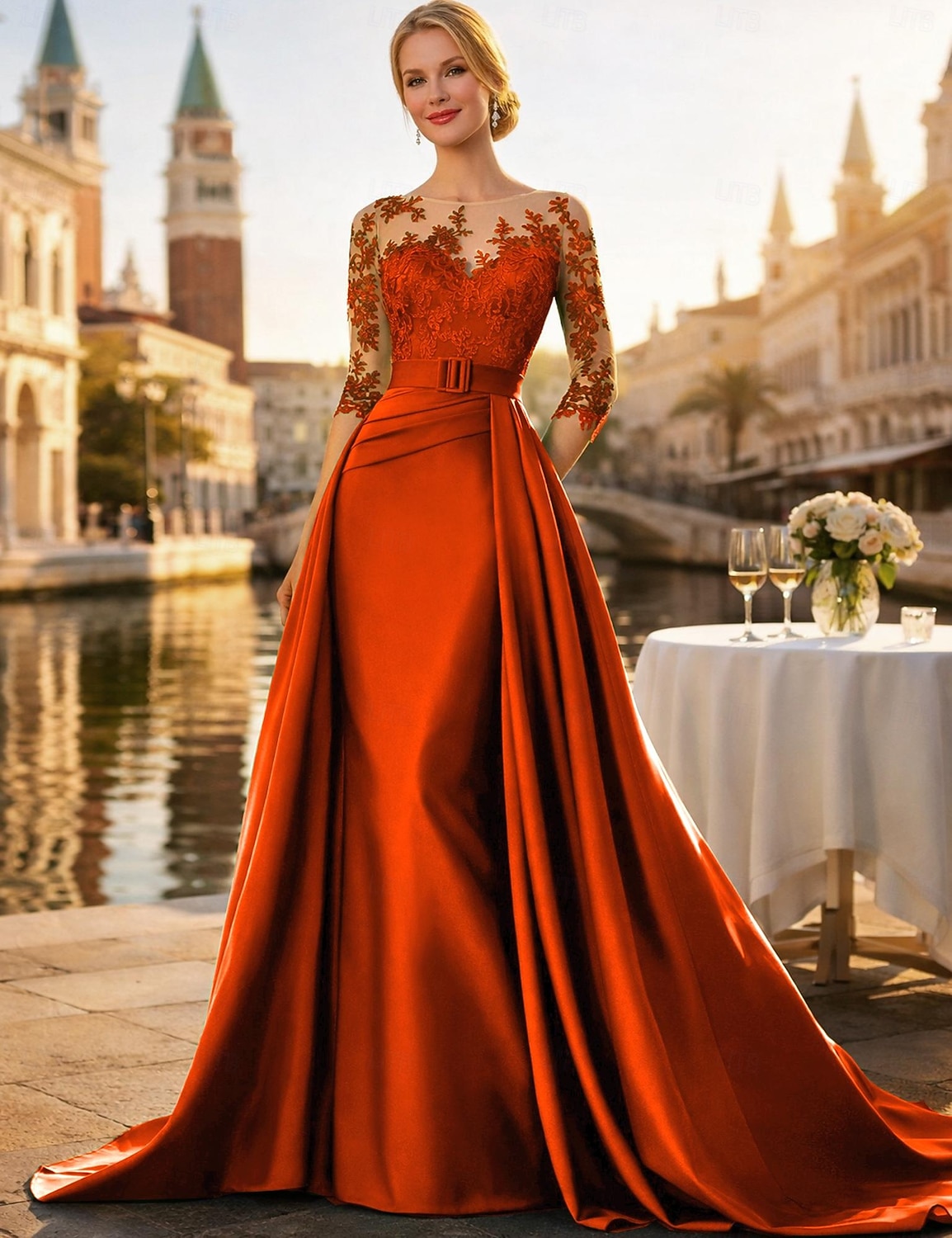 A-lijn Strijksleep Bruiloft gast jurk Formele jurk Avondjurk Moeder van de bruid jurk Lange mouw Met sieraad Elegant Zijdeachtig Kerstmis Formeel Satijn met Appliqués 2026 - $199.99 –P9