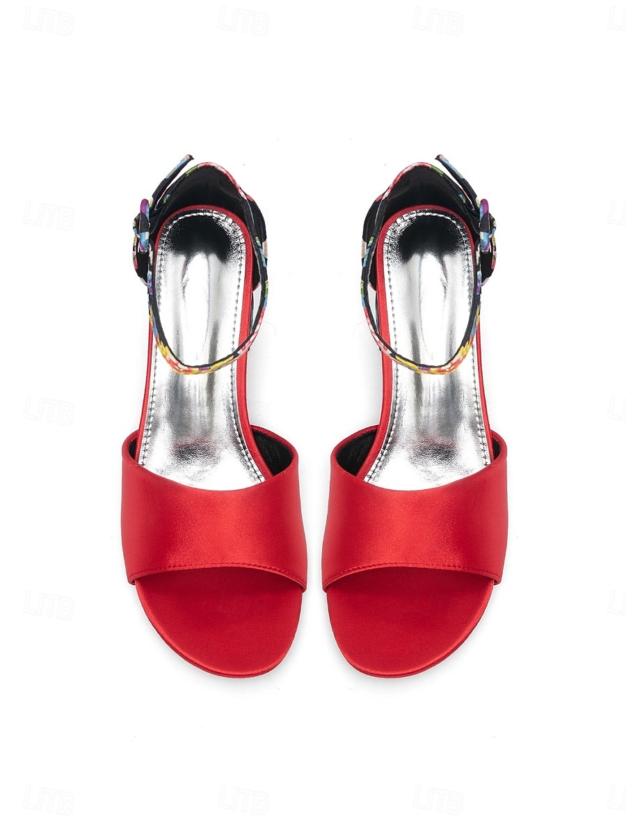 Damessandalen uit de jaren 50 in vintage rood satijn - elegante pumps met middelhoge blokhak en enkelbandje met bloemenprint, perfect voor rockabillyfeesten en retro gala's. &zomerse sociale 2026 - $34.99 –P2