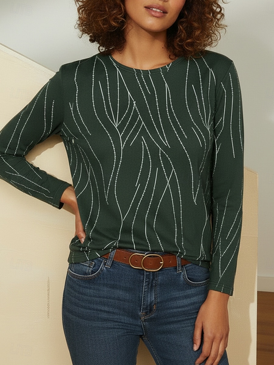 Women's T Shirt Print Graphic Stylish Casual Long Sleeve Crew Neck Regular Tops Daily Weekend Vacation Wear Green Summer Spring Fall 2026 - $19.99 –P2