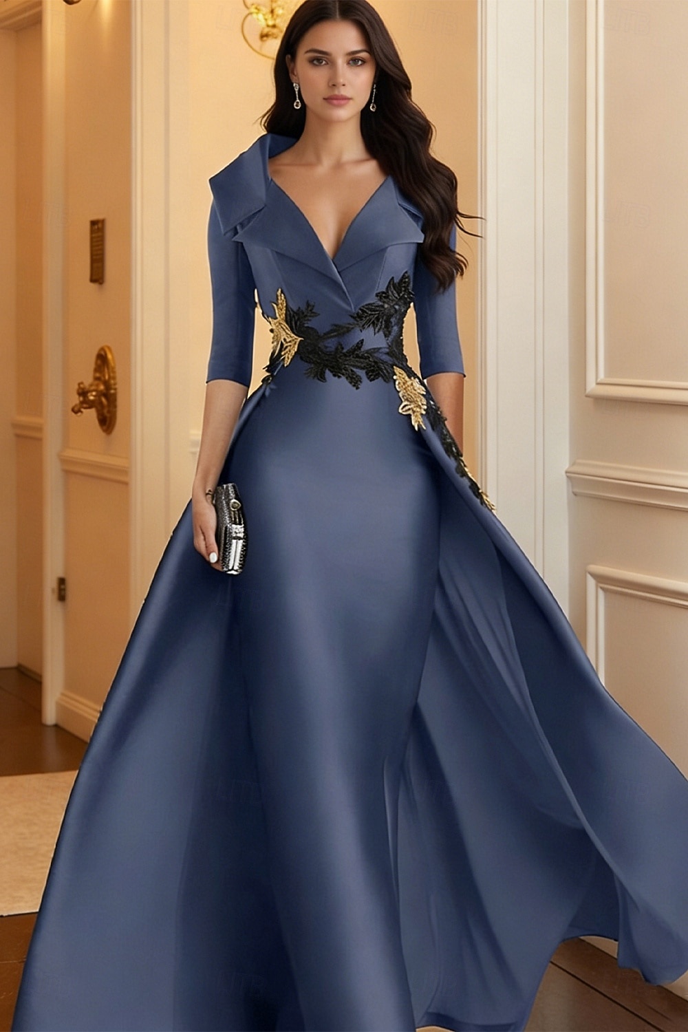 A-Line Floor Length Evening Gown Elegant 3/4 Length Sleeve Shirt Collar Formal Satin with Appliques 2026 - $186.99 –P4