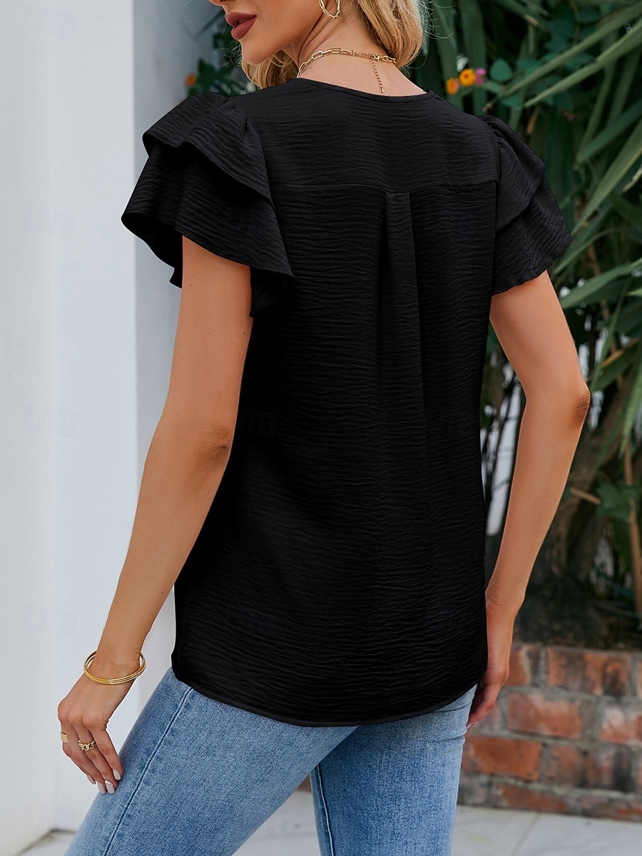 Dame T skjorte T-skjorte Drapering عادي Mote Stilfull Klassisk Kortermet V-hals Vanlige topper Daglig Ut på byen Helg Svart Hvit Rosa Himmelblå Fuksia Sommer Vår 2026 - $22.99 –P17