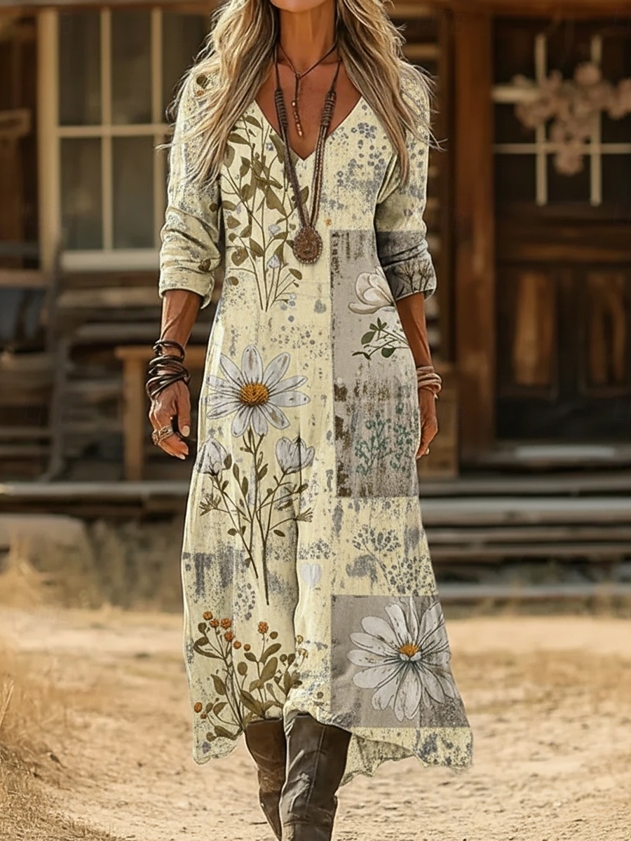 Per donna Abito maxi Abito Boho Abito Vintage Vestito Casual Vintage Quotidiano All'aperto Vacanza Vestibilità regolare Floreale Manica Lunga Scollo a V Blu Giallo Chiaro Verde chiaro Viola chiaro del 2026 a $37.99 –P6