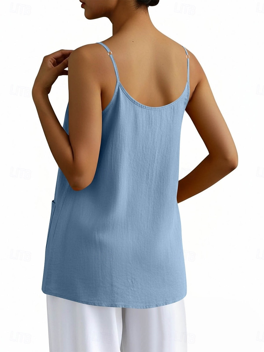Regata feminina com bolso, lisa, moderna, elegante, clássica, sem mangas, gola redonda, ideal para uso diário, passeios e fins de semana. Cores: azul, preta, branca, amarela, rosa. Verão e primavera. de 2026 por $18.49 –P6
