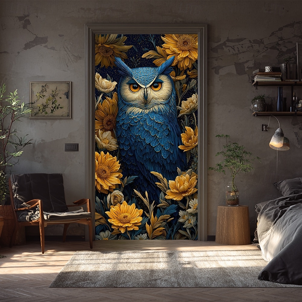 sininen pöllö keltaisilla auringonkukilla keskiyön kukkataide tähtitaivas ovibanneri seinävaate autotallin oven banneri kodin sisustus etuoven koristelu eteisen sisustus sisällä ja ulkona 2026 - $17.99 –P3