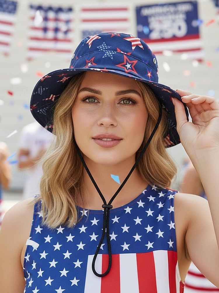 Женская ковбойская шляпа-панама из полиэстера с принтом, 2 в 1, многофункциональная, с патриотическим дизайном в виде флага США, идеально подходит для празднования 250-летия США, Дня независимости и повседневной носки. 2026 - $14.99 –P2
