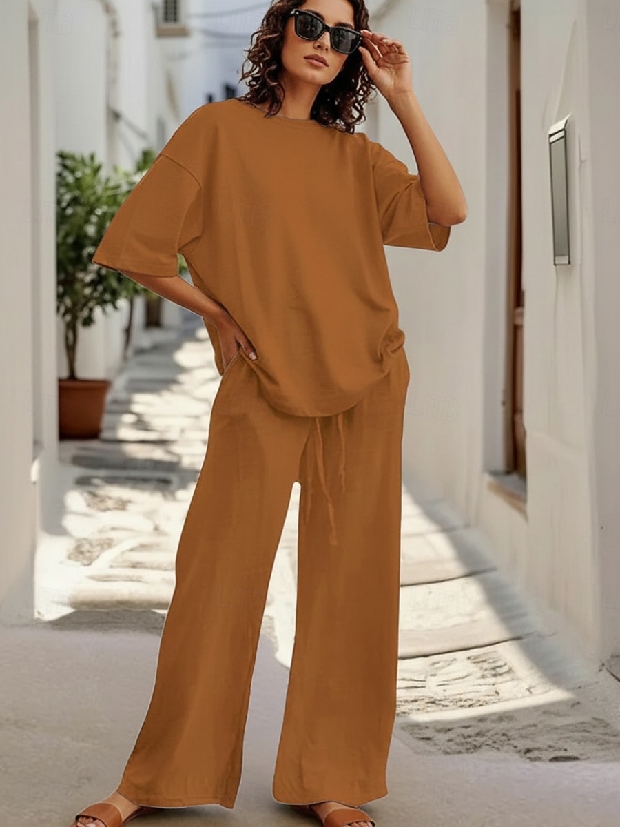15% Linen Women's Pants Sets Linen Sets Basic Pure Color Pocket Elastic Waist T Shirt Pant Daily Street Long Sleeve Crew Neck Blue Black White Navy Blue Light Brown Summer Spring 2026 - $41.99 –P5