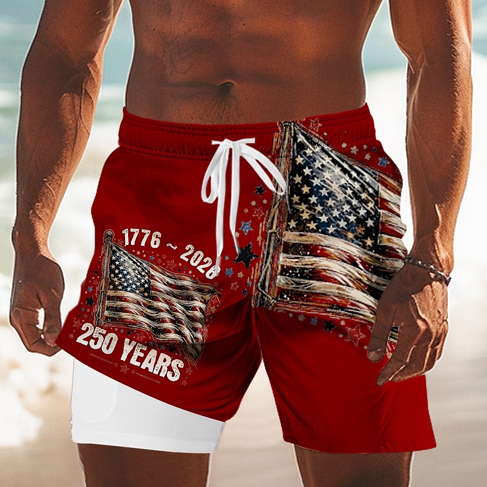 Herr 4 juli USA:s 250-årsjubileum USA: s flagga Fodrade shorts 2 i 1 simshorts Badshorts Medium Midja Patriotisk Helgdag Sidfickor Med kompressionsfoder Elastisk dragsko i midjan Designer Kläder 2026 - $22.99 –P2