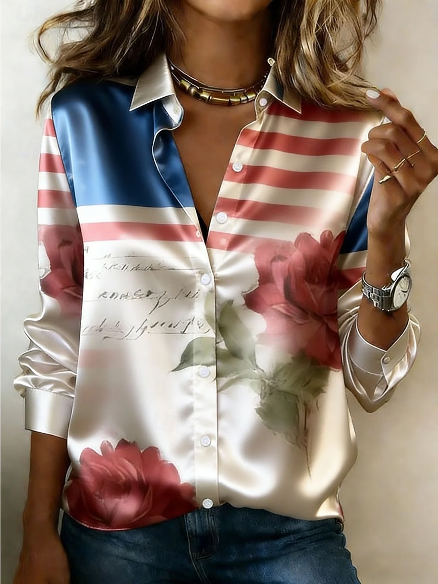 Jour de l'Indépendance Américaine Femmes Chemise Chemise en satin Imprimé Fleuri Graphique Drapeau Bohème ancien Élégant manche longue Col de chemise Hauts Réguliers Quotidien Fête Sortir Bleu de 2026 ? $28.99 –P2