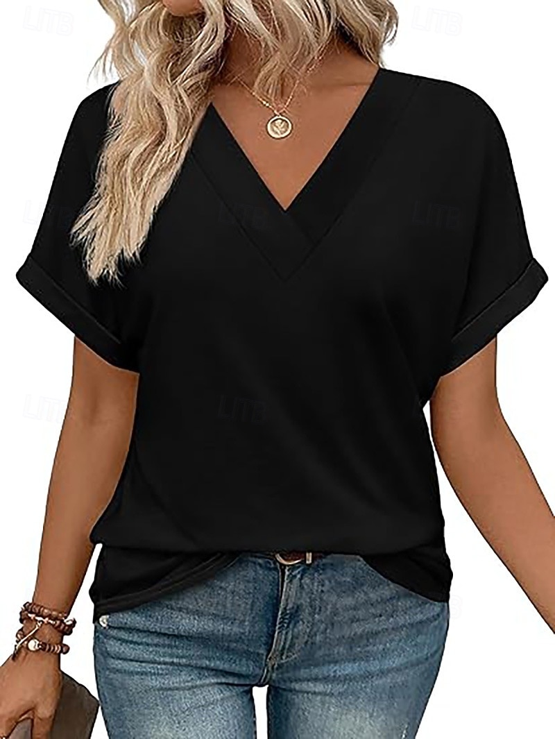 Per donna Maglietta Semplice Moda Elegante Classico Manica Corta Scollo a V Top Regolari Quotidiano Uscire Weekend Blu Nero Bianco Rosso Estate Primavera del 2026 a $21.99 –P2