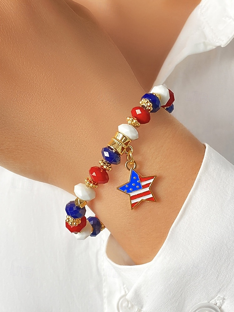 Women's Alloy & Acrylic Patriotic Charm Bracelet, Stretch Beaded Bracelet in Multi Pendant Styles for America 250th Celebration, Independence Day and Daily Casual Wear 2026 - $7.99 –P3