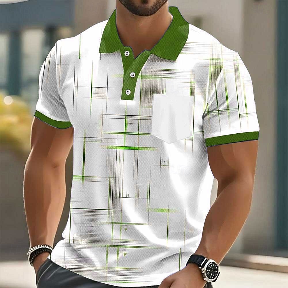 Herr Geometrisk Linje Polo Kortärmad Polotröjor Skjortor med krage Business Casual Utomhus Fritids- Dagliga kläder Ficka 3D-utskrift Knappar Sommar Blå Svartvit Svart 2026 - $21.99 –P5