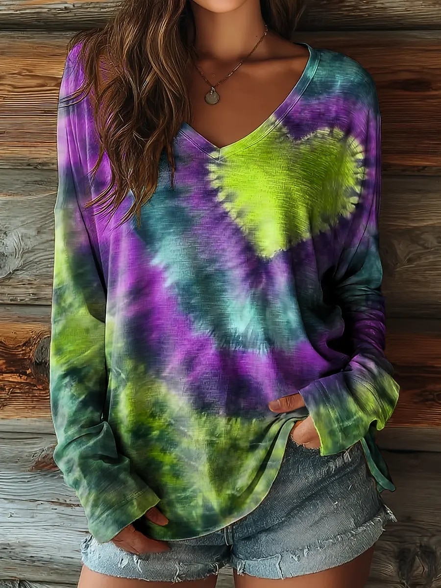 Women's T Shirt Print Heart Tie Dye Vintage Casual Boho Long Sleeve V Neck Regular Tops Daily Blue Yellow Red Purple Green Spring Fall 2026 - $19.99 –P1