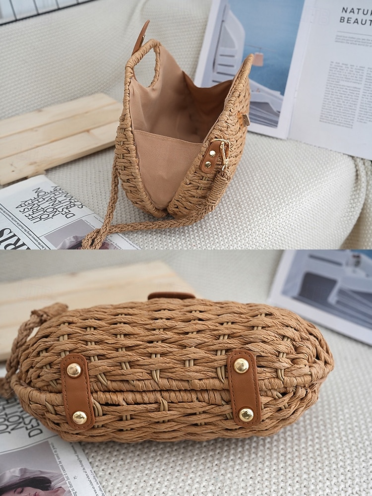Damväska i vävd stråaxelrem, beige och khakifärger, lätt sommarväska med justerbar rem, bohemisk chic-stil, perfekt för semester, resor och vardagsbruk 2026 - $26.99 –P11
