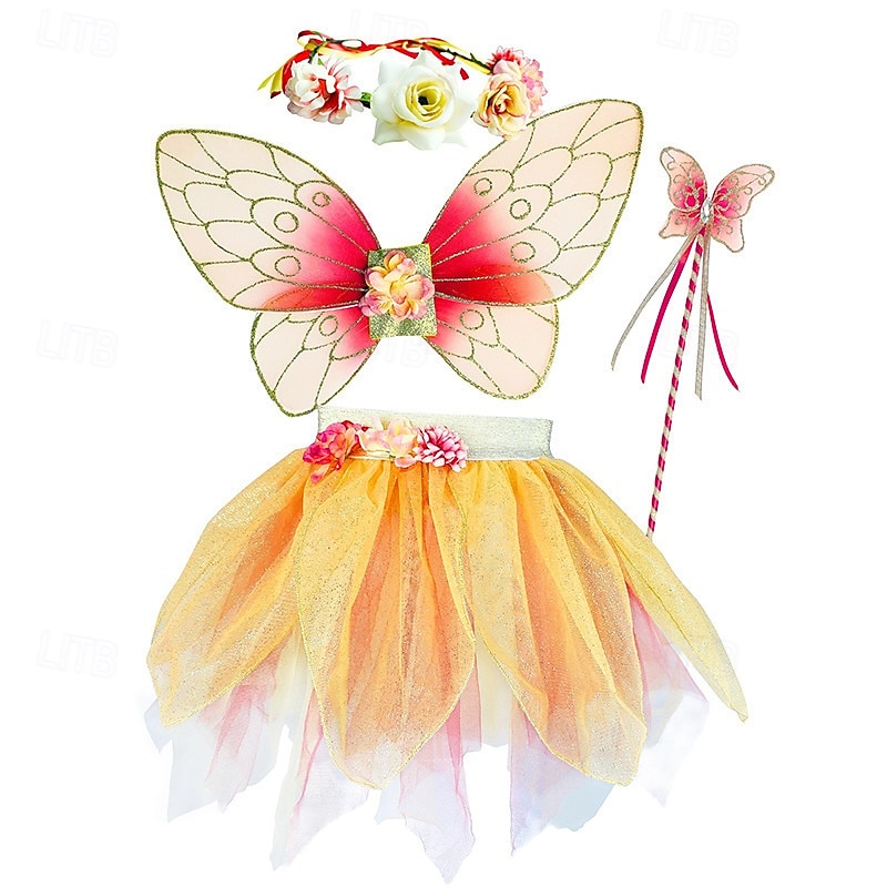 Set Medievale Rinascimento Elegante Lunghezza al ginocchio Gonna Ali Copricapo con accessori Fata Farfalla Floreale Costume Ragazze Fantasia Halloween Carnevale Feste Fiera Rinascimentale Bambini del 2026 a $51.99 –P8