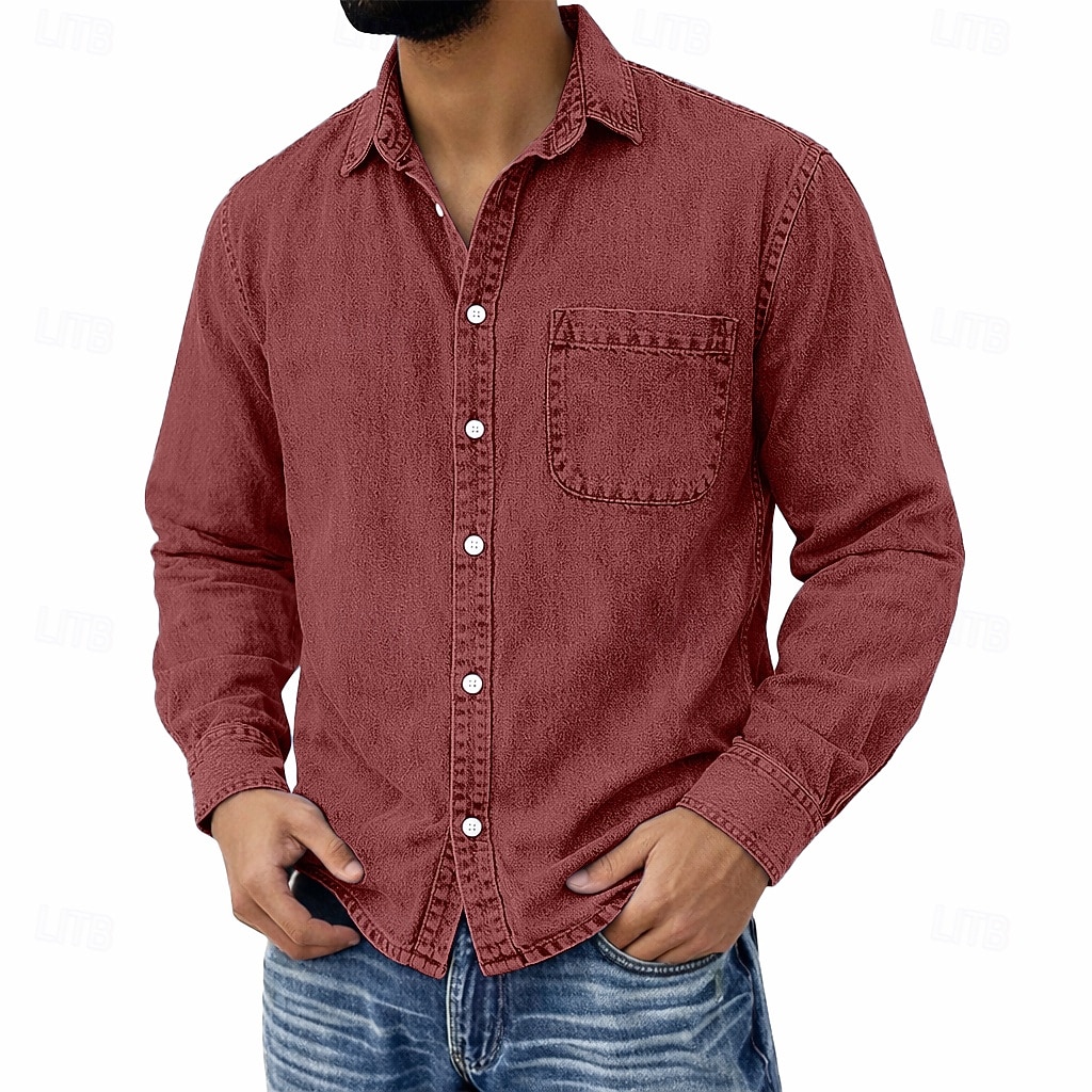 Men's Shirt Casual Shirt Vintage Shirt Button Up Shirt 100% Cotton Acid Wash Shirt Blue Black Light Green Wine Navy Blue Long Sleeve Plain Lapel Streetwear Going out Pocket Clothing Apparel Cotton 2026 - $31.99 –P15