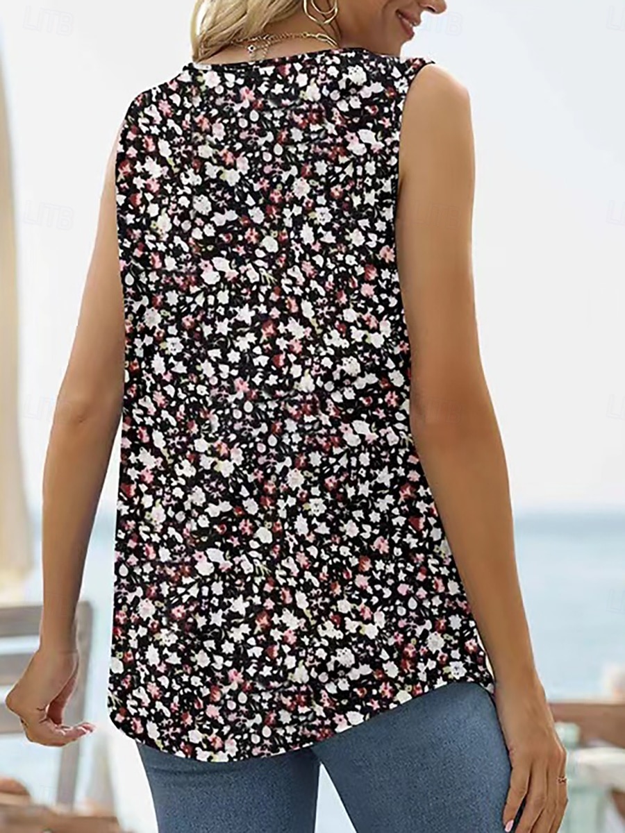 Mujer Camiseta Camiseta superior Frunce Retazos Estampado Floral Graphic Moda Clásico Casual Sin Mangas Escote Cuadrado Tops regulares Tops cortos Diario Noche Fin de semana Azul Piscina Negro Blanco 2026 - $14.99 –P5