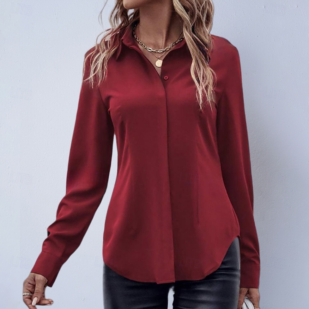 Mulheres Camisa Social Blusa de cetim Saia camisa de botão Côr Sólida Tecido Elegante Moda Casual Manga Longa Aberto para a Lateral Tops regulares Diário Escritório Trabalho Preto Rosa Vermelho Roxo de 2026 por $24.99 –P5